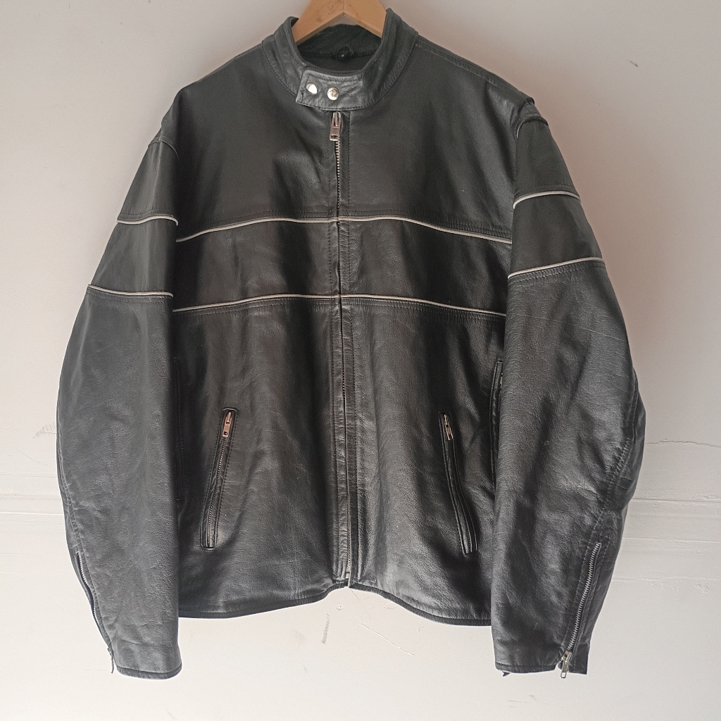 Hot Leathers Black Genuine Leather Motorcycle Jacket Size 54 Zip Pockets Rider